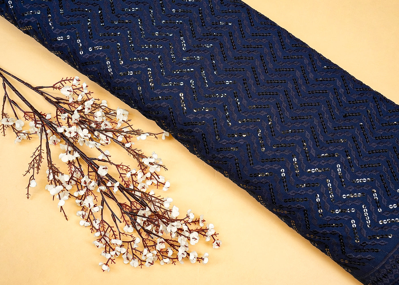Navy Blue Embroidered Cotton Rayon with Allover Sequins work 12783