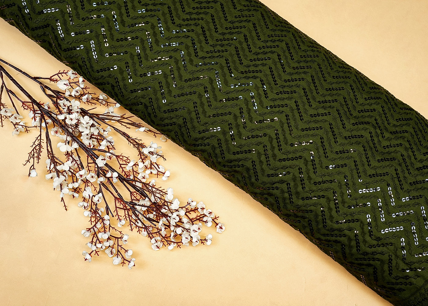 Olive Embroidered Cotton Rayon with Allover Sequins work 12787