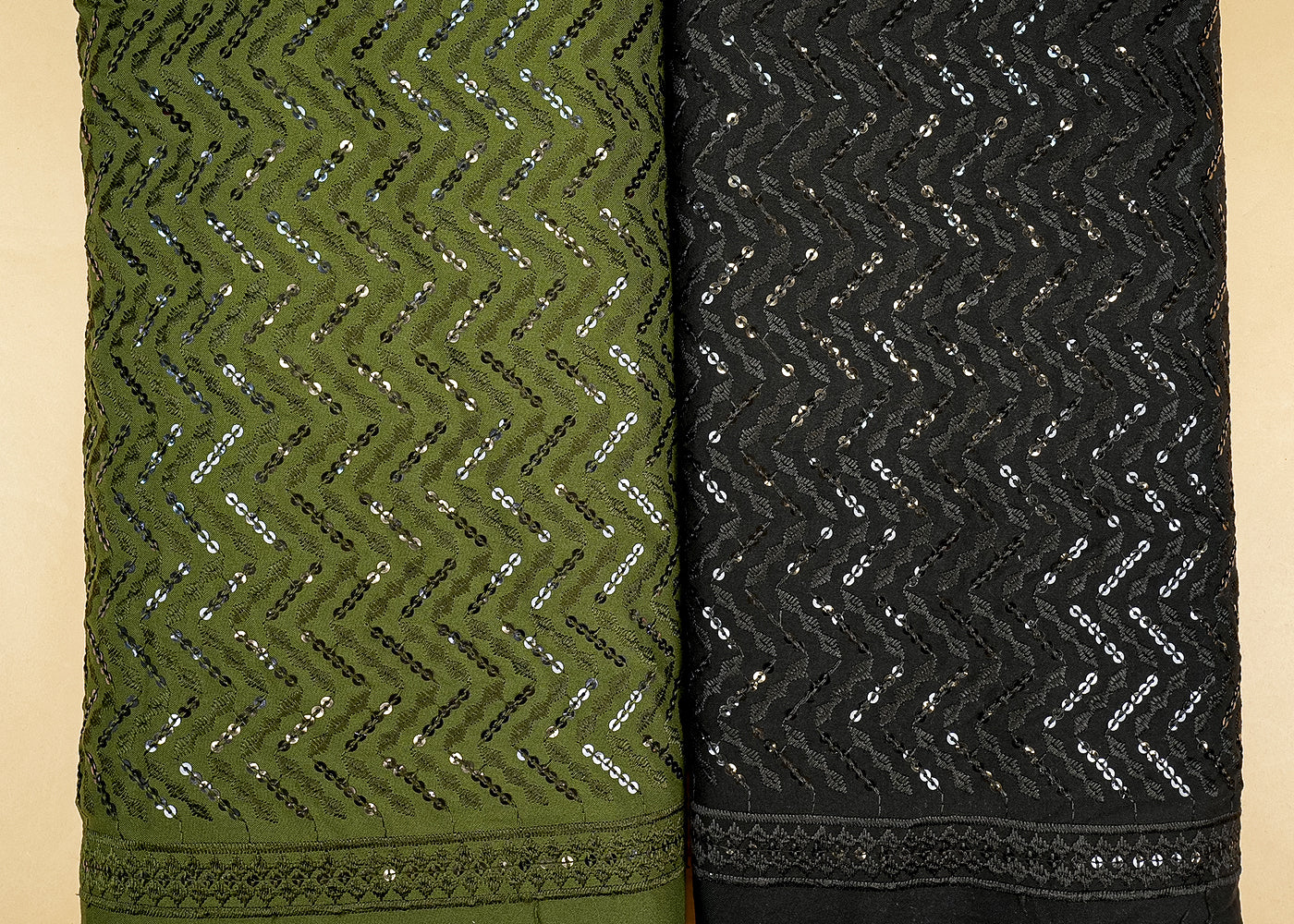 Olive Embroidered Cotton Rayon with Allover Sequins work 12787