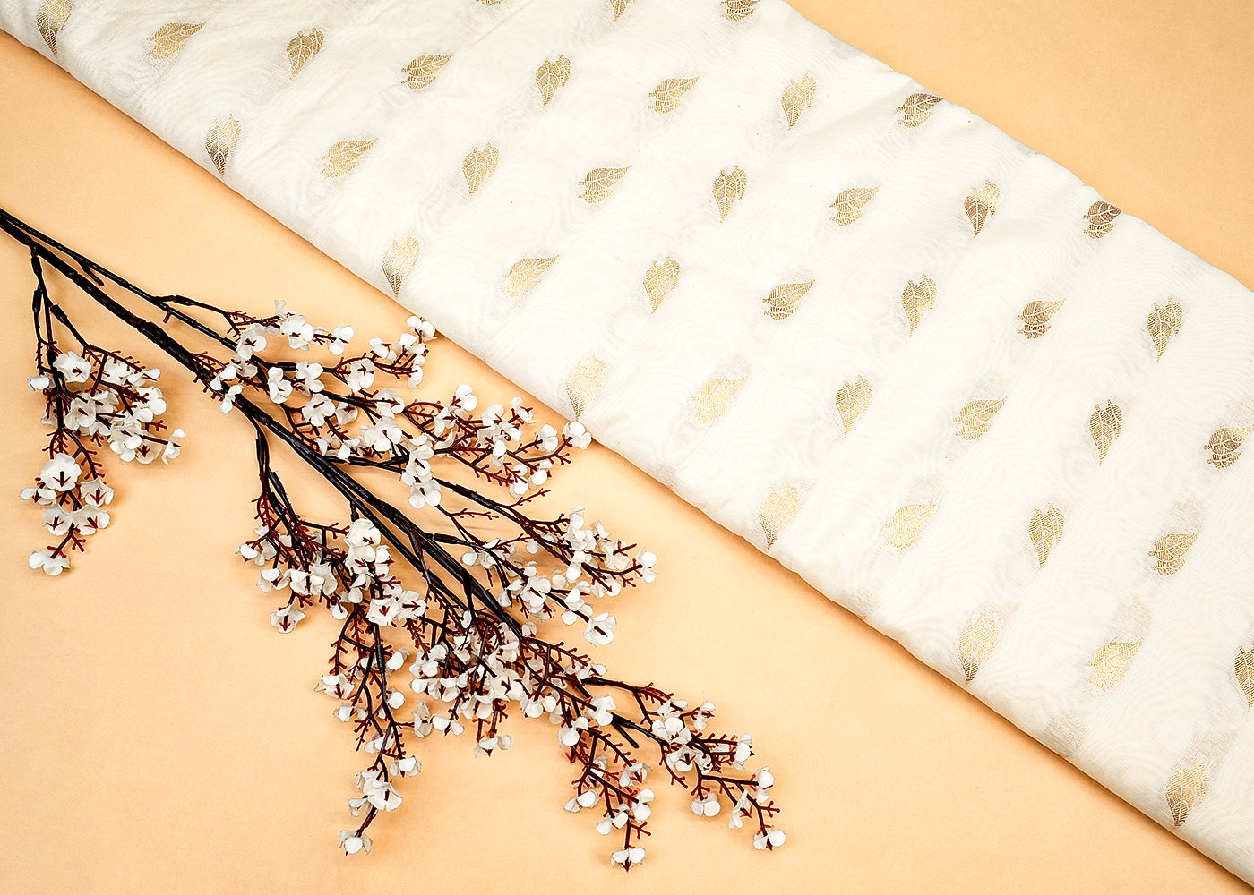 White Chanderi Fabric With Allover Leaf Buti of Golden Thread Handloom 12804