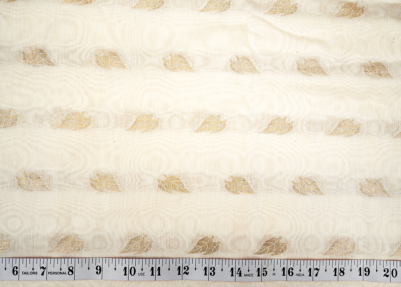 White Chanderi Fabric With Allover Leaf Buti of Golden Thread Handloom 12804