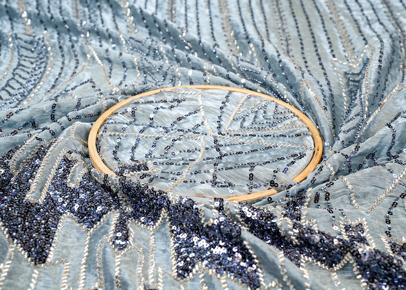 Deep Aqua Jimmy Choo Fabric with Allover Katdana and Sequins Flowers 12815