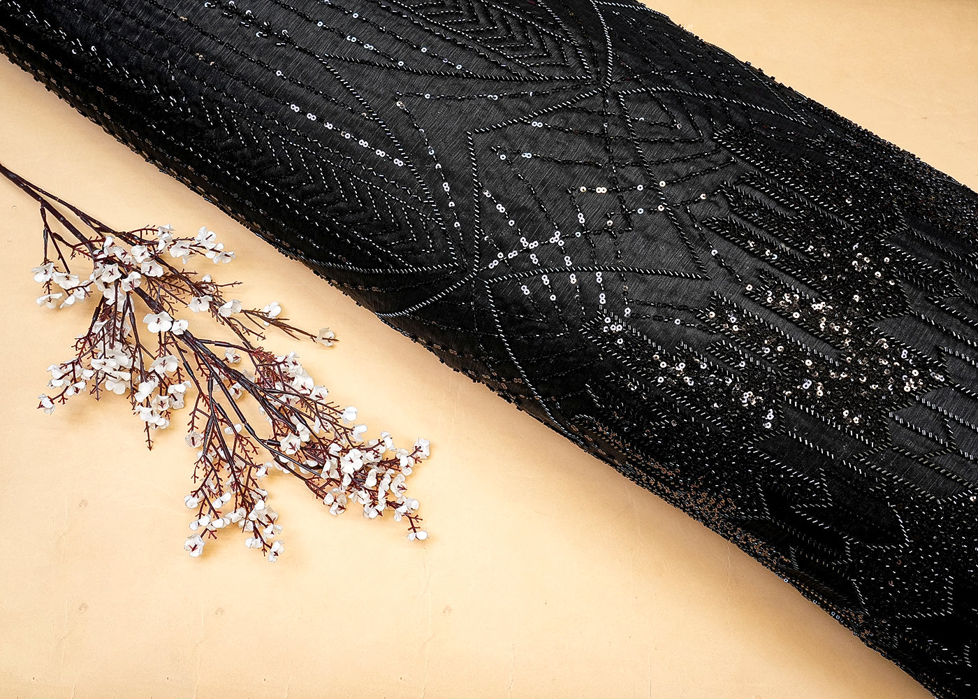 Black Imported Organza Satin Fabric with Allover Katdana and Sequins Flowers 12816