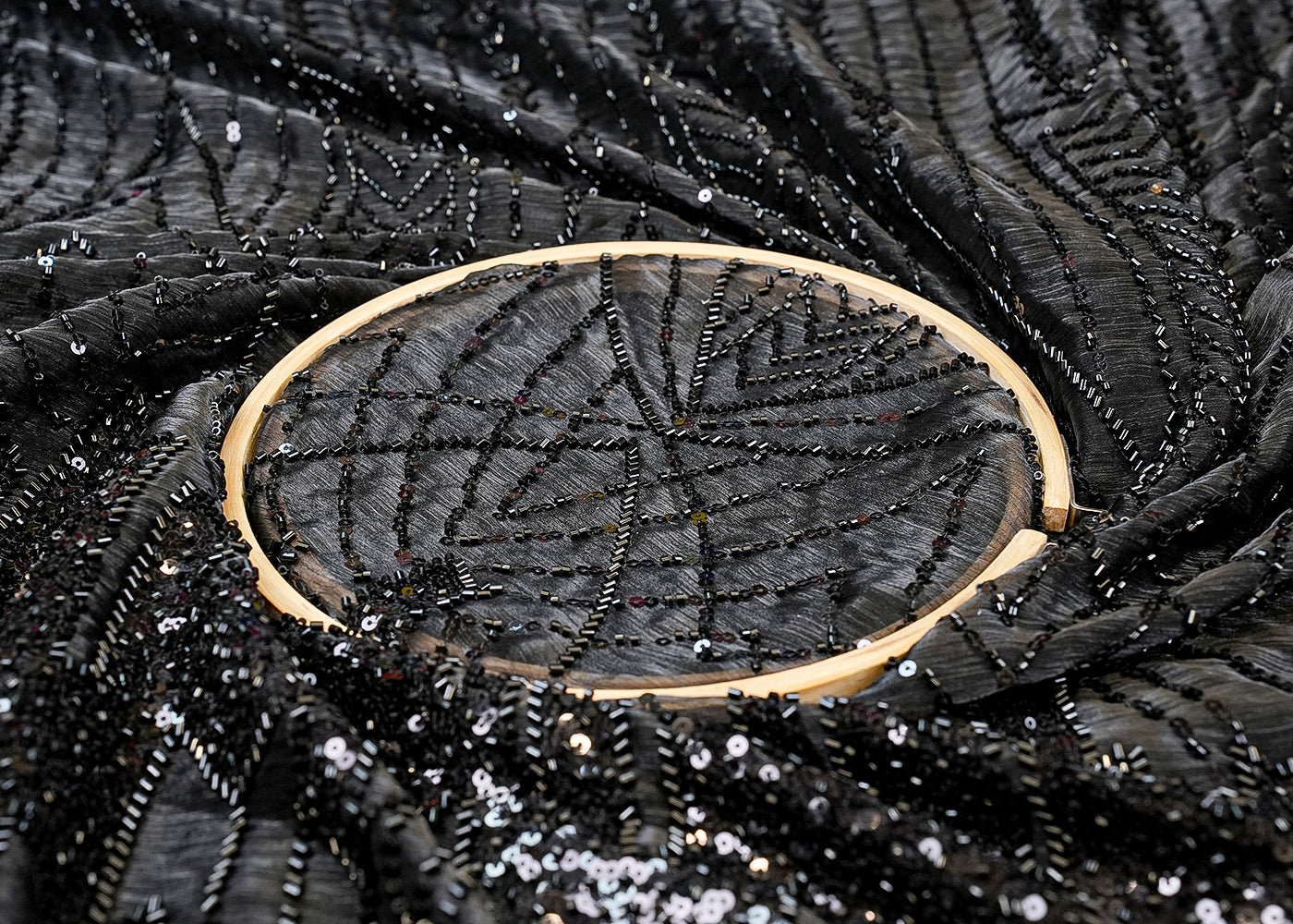 Black Imported Organza Satin Fabric with Allover Katdana and Sequins Flowers 12816