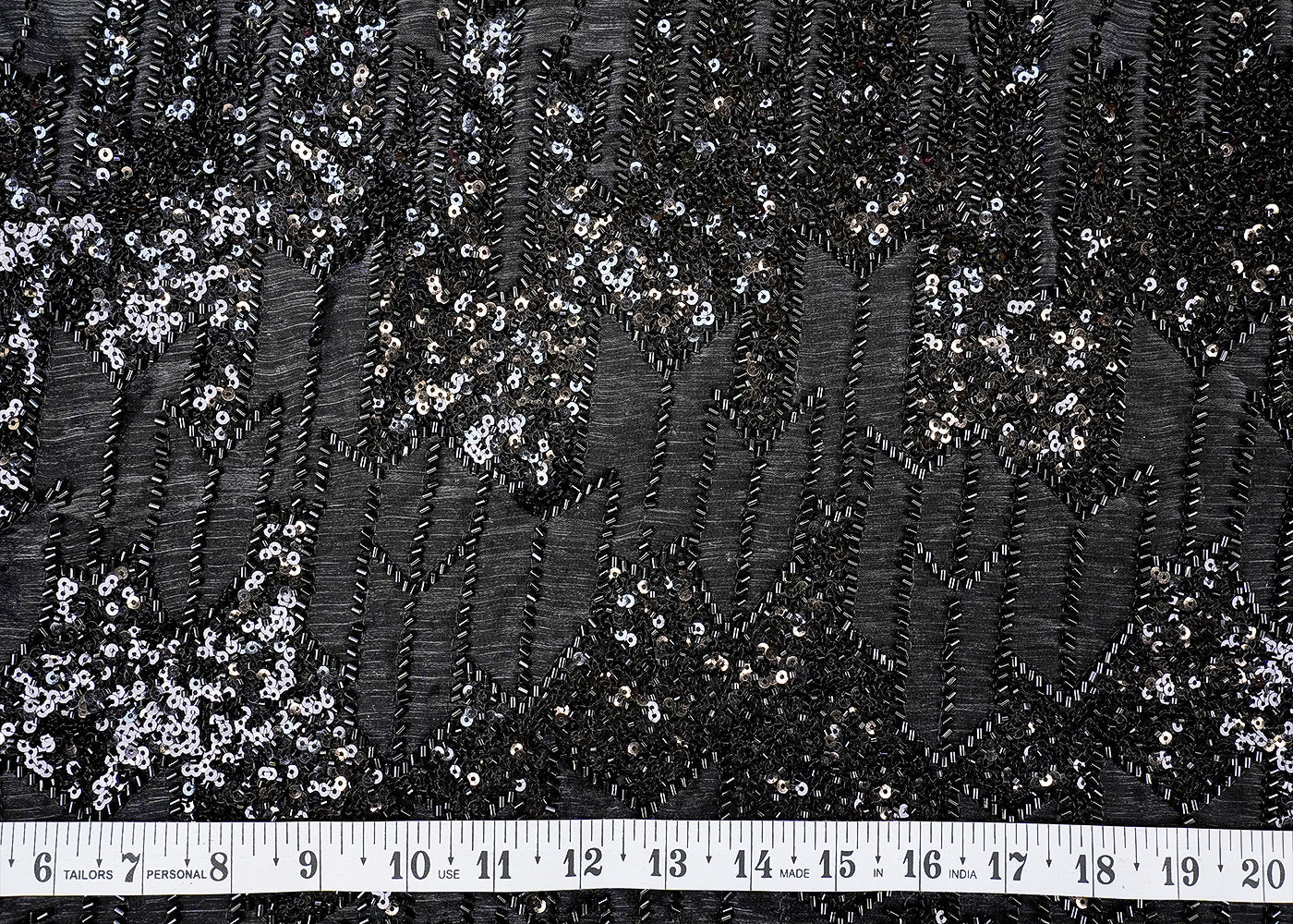 Black Imported Organza Satin Fabric with Allover Katdana and Sequins Flowers 12816