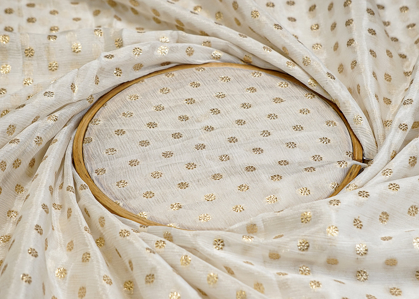 White Chinon Chiffon Fabric with Golden Zari Work 12830