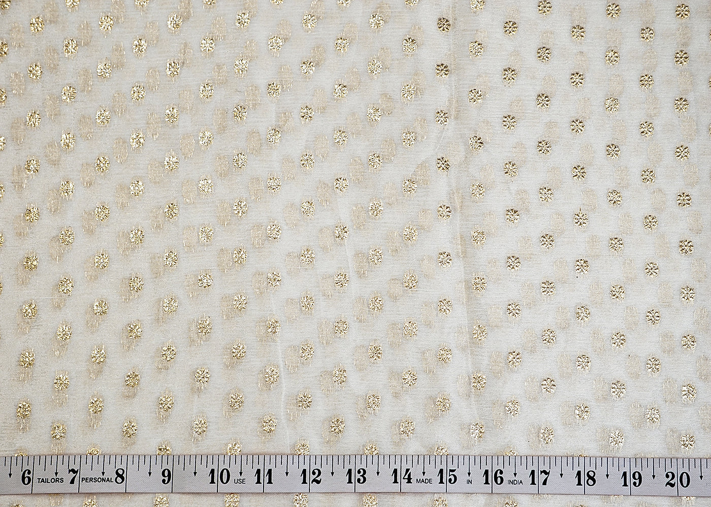 White Chinon Chiffon Fabric with Golden Zari Work 12830