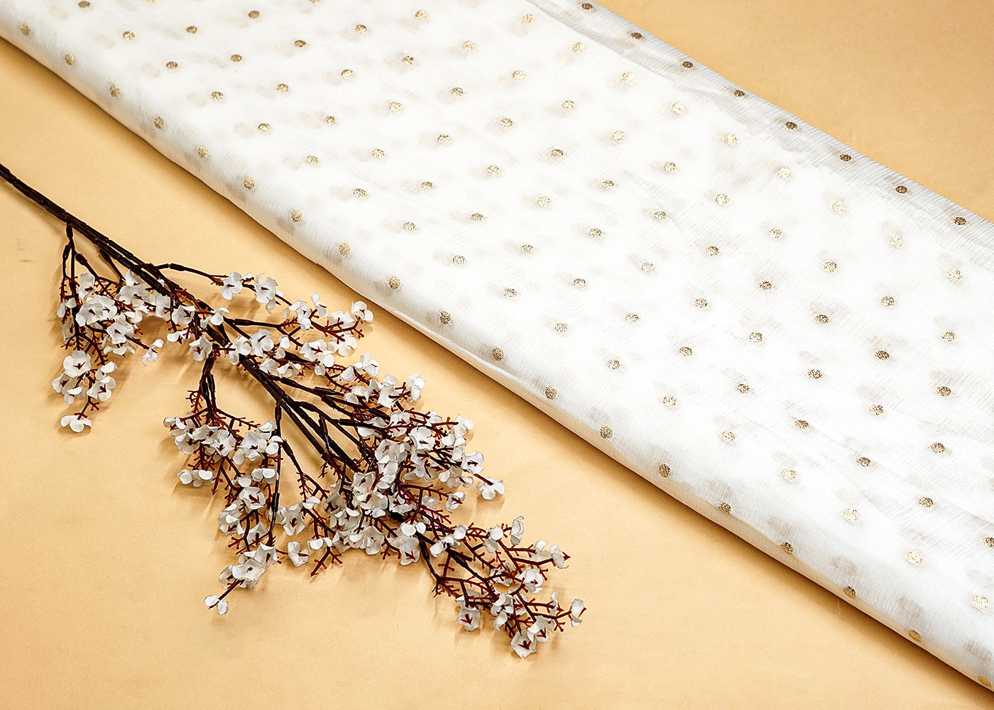 White Chinon Chiffon Fabric with Golden Zari Work 12831