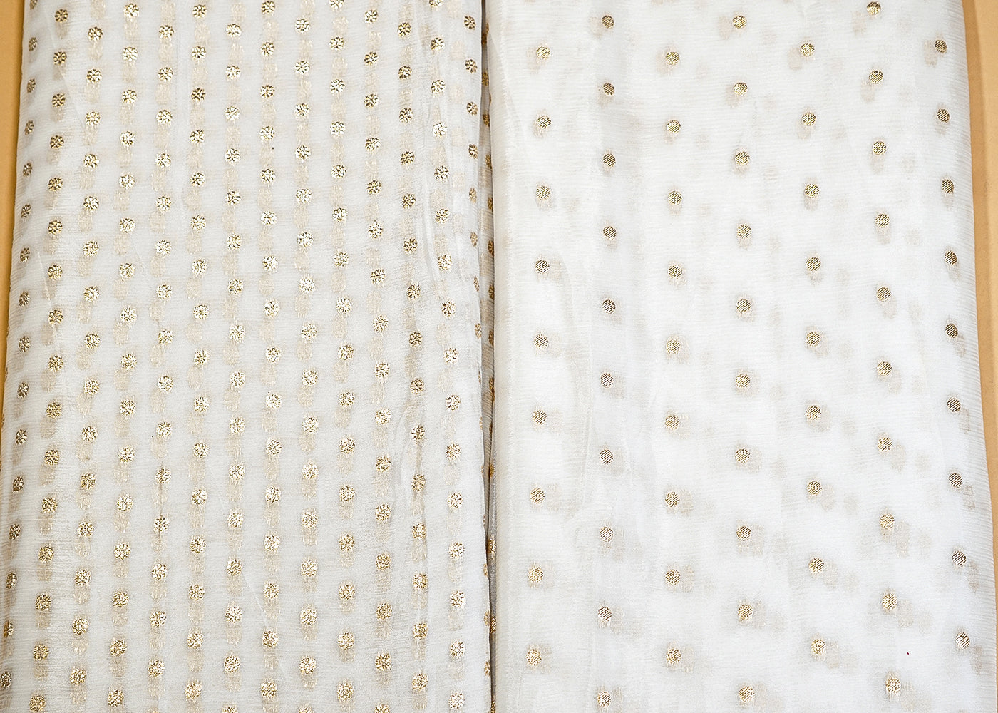 White Chinon Chiffon Fabric with Golden Zari Work 12831