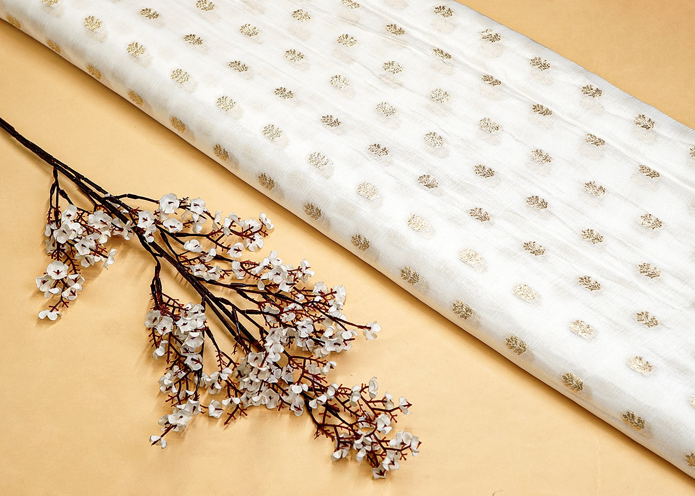 White Chinon Chiffon Fabric with Golden Zari Work 12832