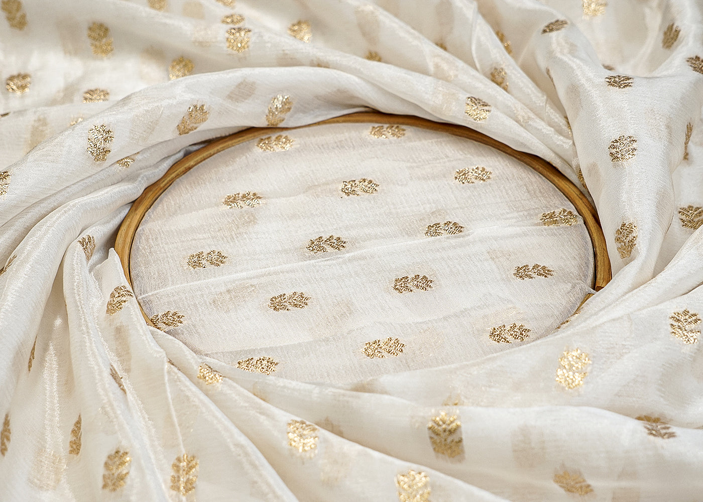 White Chinon Chiffon Fabric with Golden Zari Work 12832