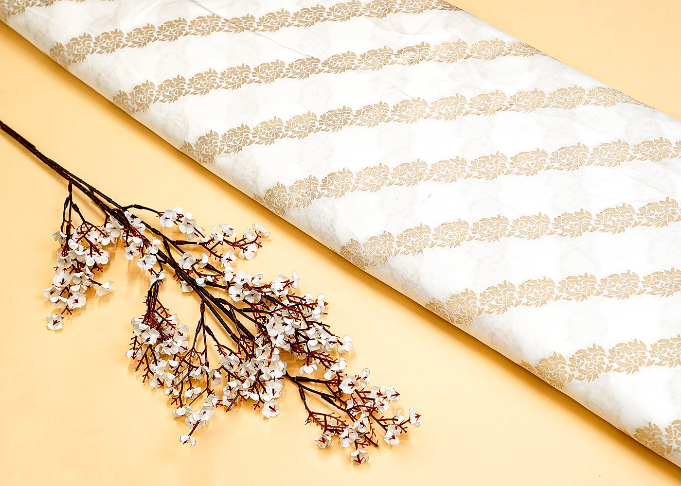 Dyeable White Upada Silk Fabric with Allover Zari Buti 12834
