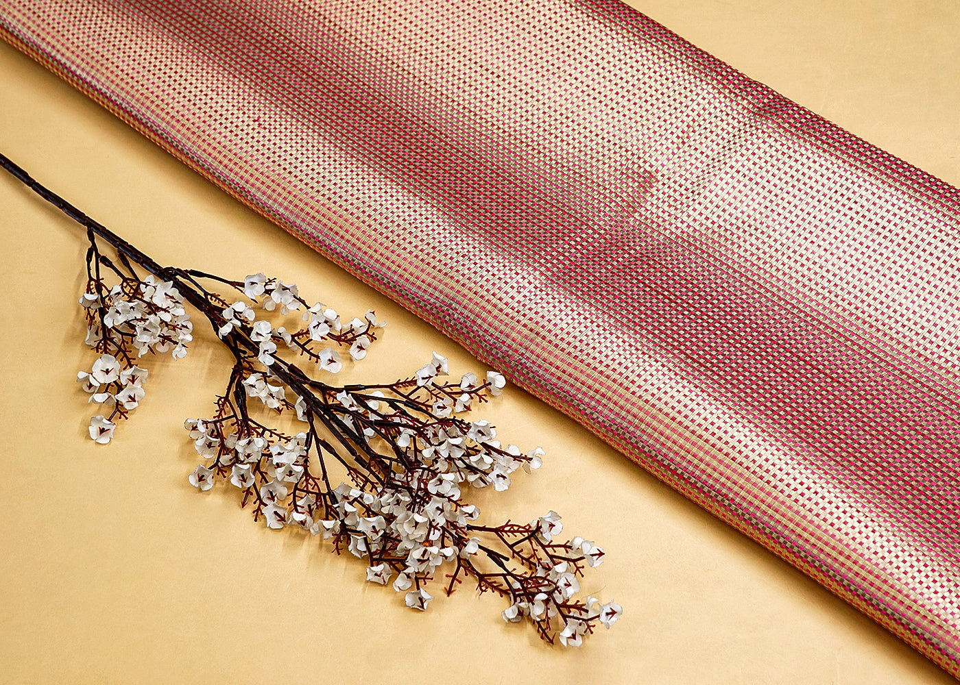 Pink Banarasi Brocade Fabric with Basket Weave Handloom 12852