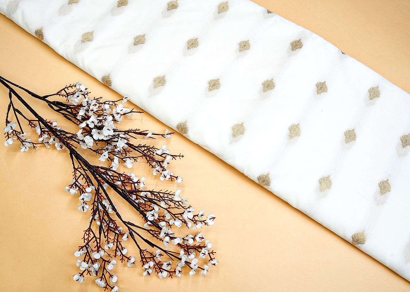 Dyeable Katan White Silk Fabric with Allover Zari Buti 12878