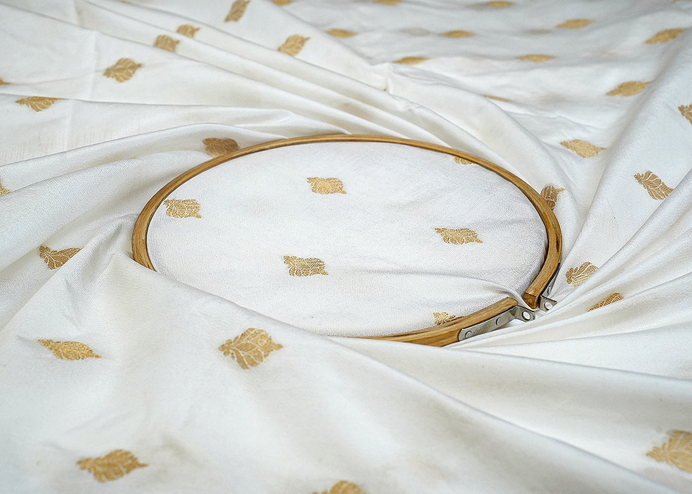 Dyeable Katan White Silk Fabric with Allover Zari Buti 12878