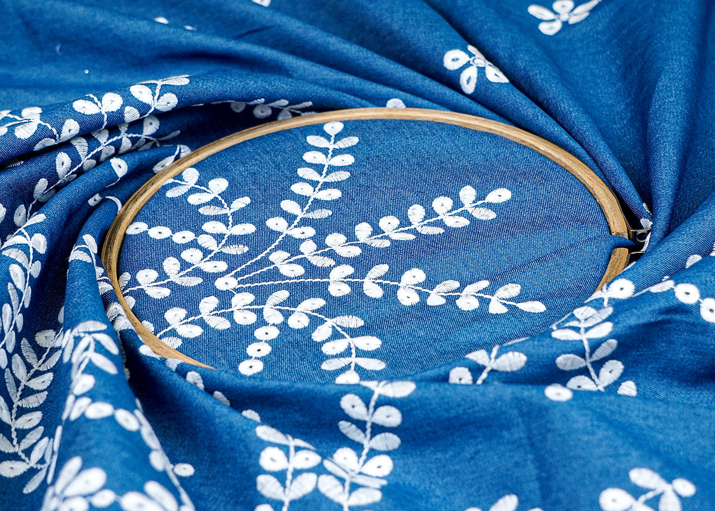 Blue Denim Fabric with Allover Thread Work Buti and Border 12896