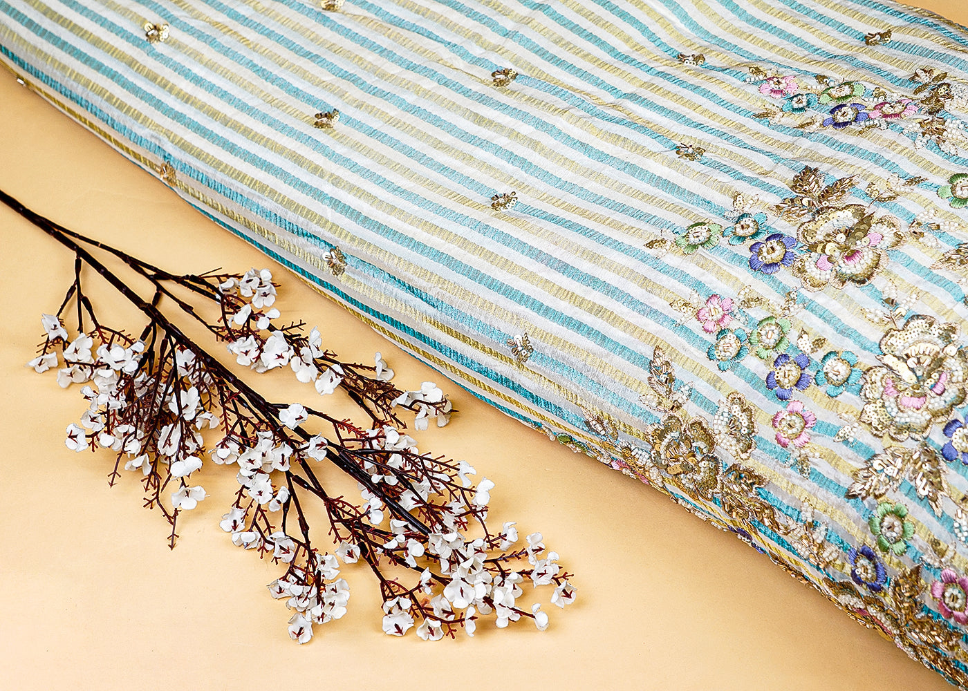 Pista Tissue Fabric with Katdana, Sequins, and Multi-Thread Work on Border, Allover Buti, and Striped Base 12902