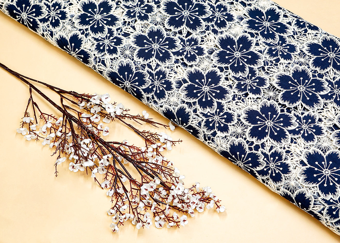 Navy Blue Imported Crepe Fabric with Allover Cutwork and Floral Patches 12928