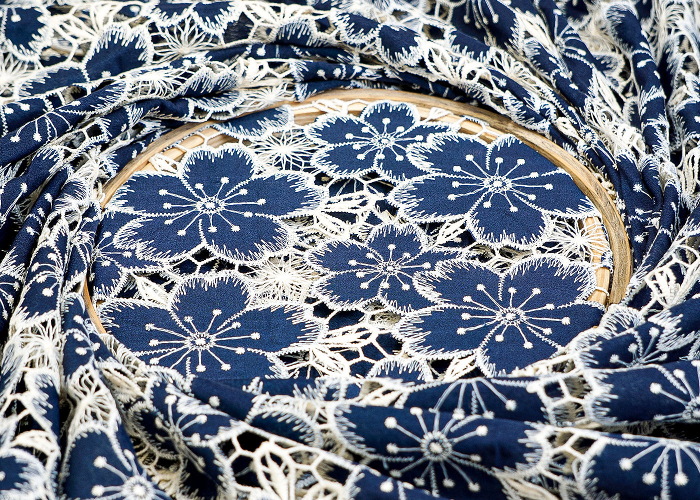 Navy Blue Imported Crepe Fabric with Allover Cutwork and Floral Patches 12928