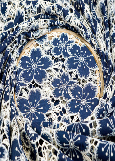 Navy Blue Imported Crepe Fabric with Allover Cutwork and Floral Patches 12928