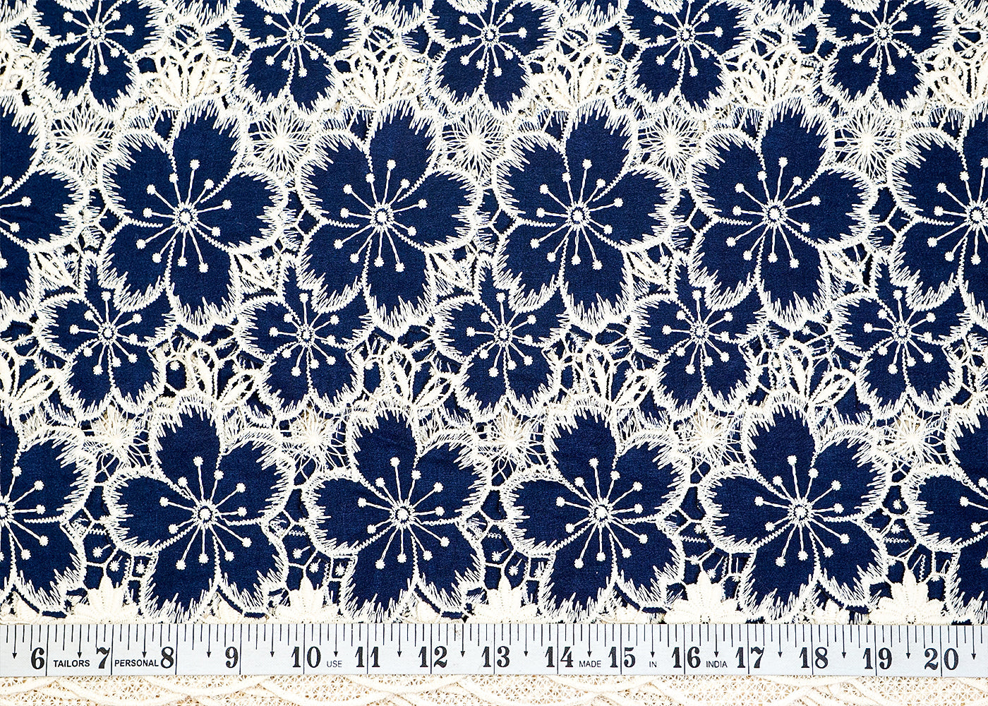 Navy Blue Imported Crepe Fabric with Allover Cutwork and Floral Patches 12928