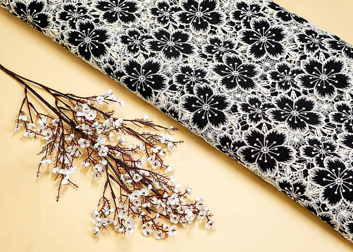 Black Imported Crepe Fabric with Allover Cutwork and Floral Patches 12929