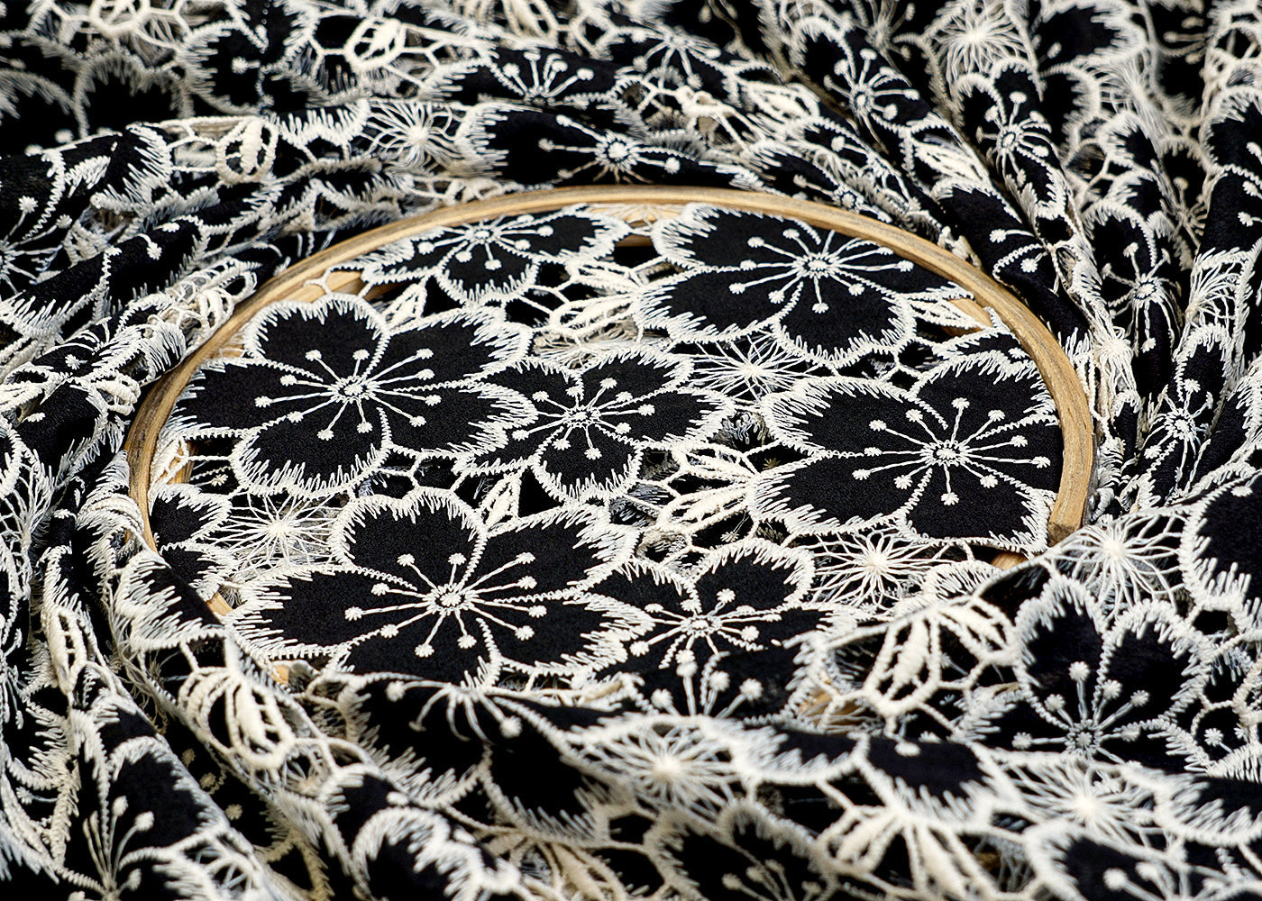 Black Imported Crepe Fabric with Allover Cutwork and Floral Patches 12929