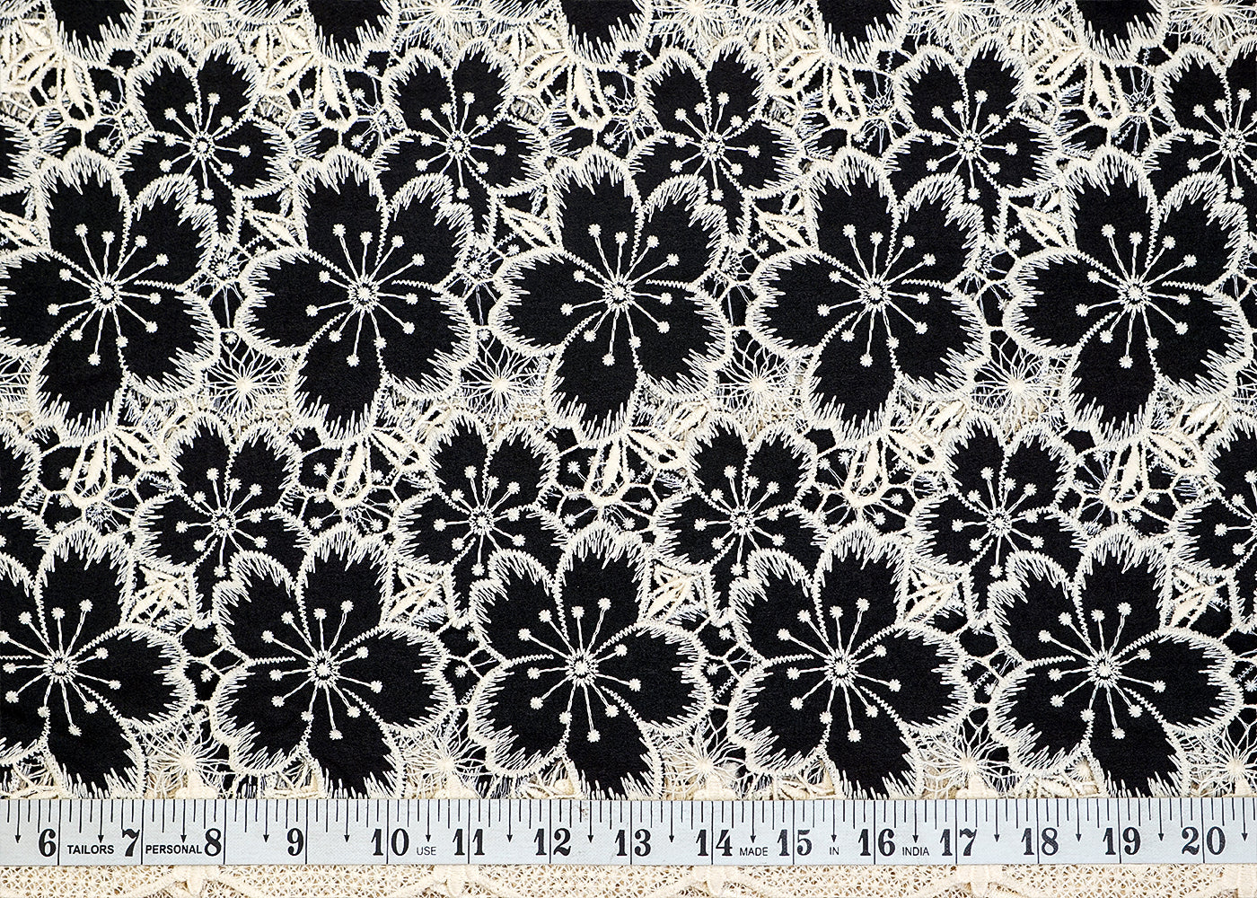 Black Imported Crepe Fabric with Allover Cutwork and Floral Patches 12929