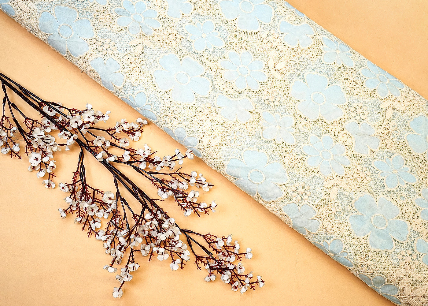 Blue Crepe Fabric with Allover Cutwork and Floral Patches 12932