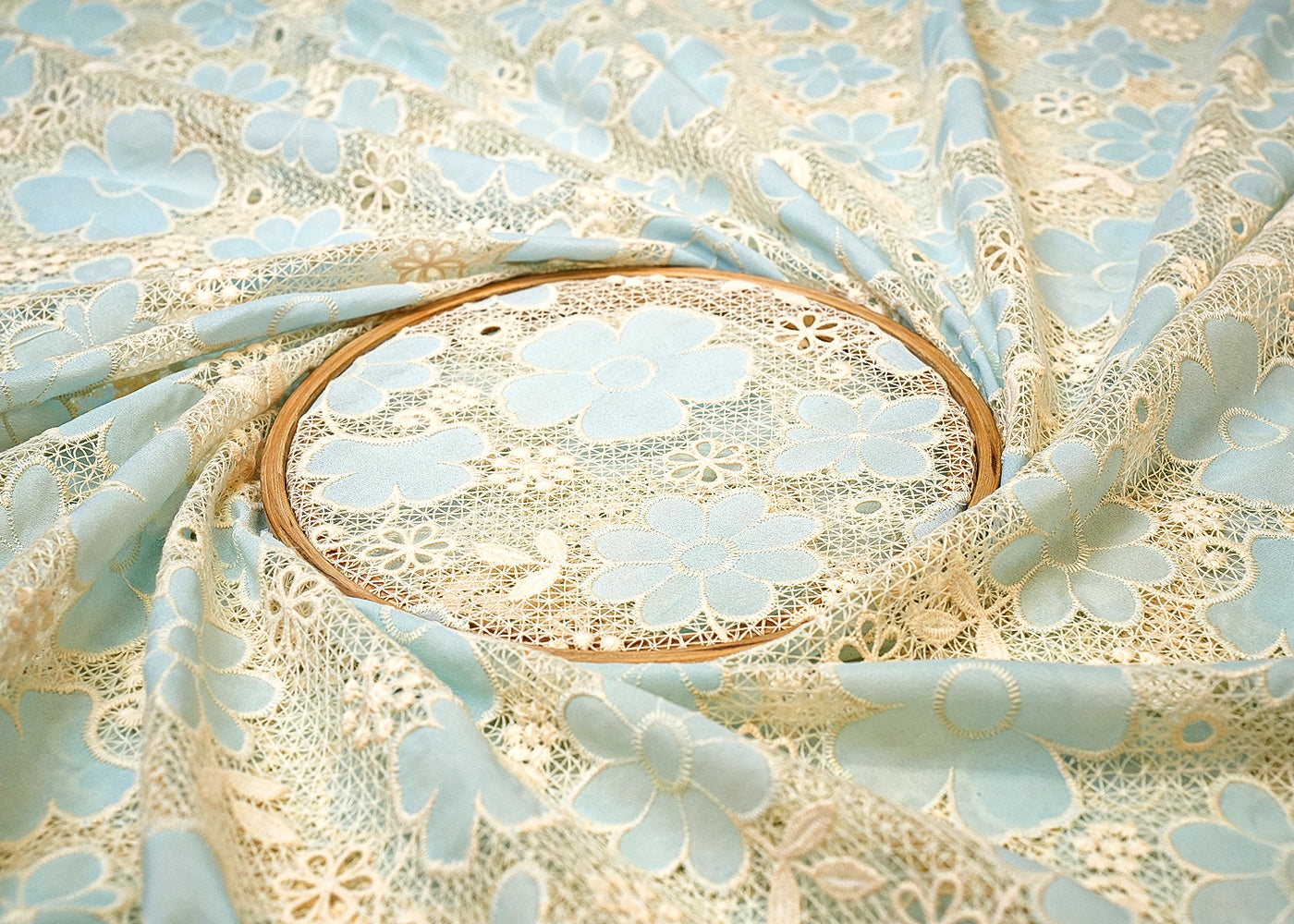 Blue Crepe Fabric with Allover Cutwork and Floral Patches 12932