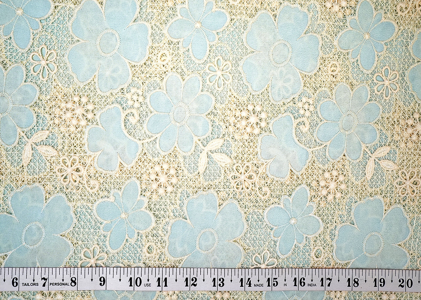 Blue Crepe Fabric with Allover Cutwork and Floral Patches 12932