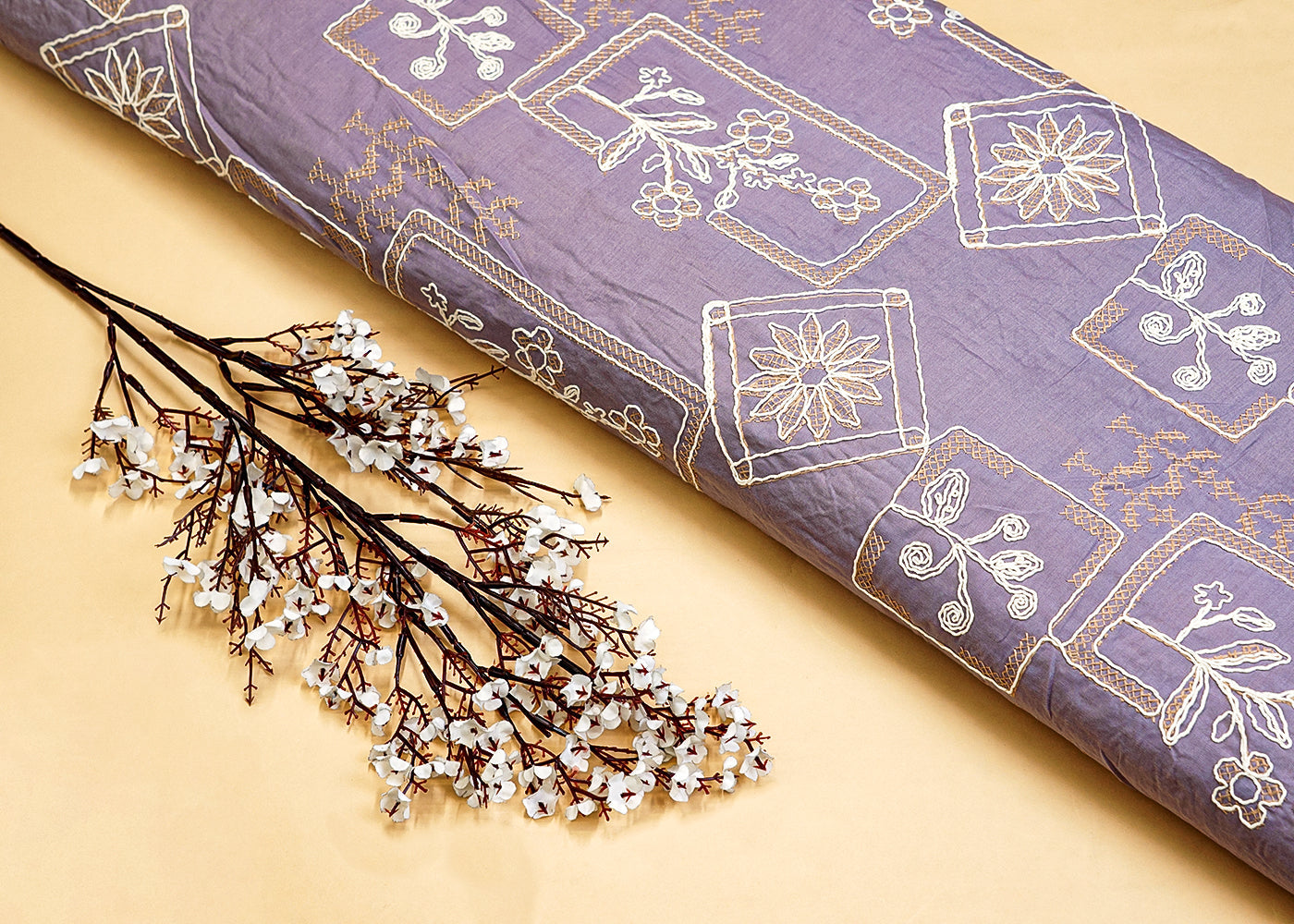 Purple Cotton Fabric with Allover Thread Work 12936