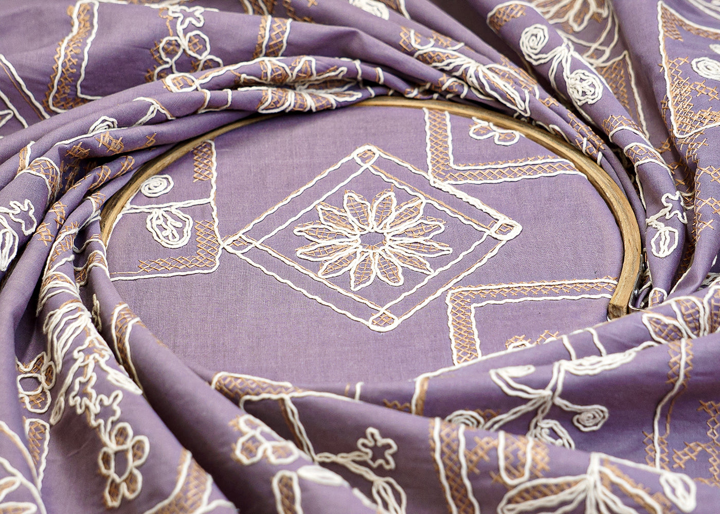 Purple Cotton Fabric with Allover Thread Work 12936