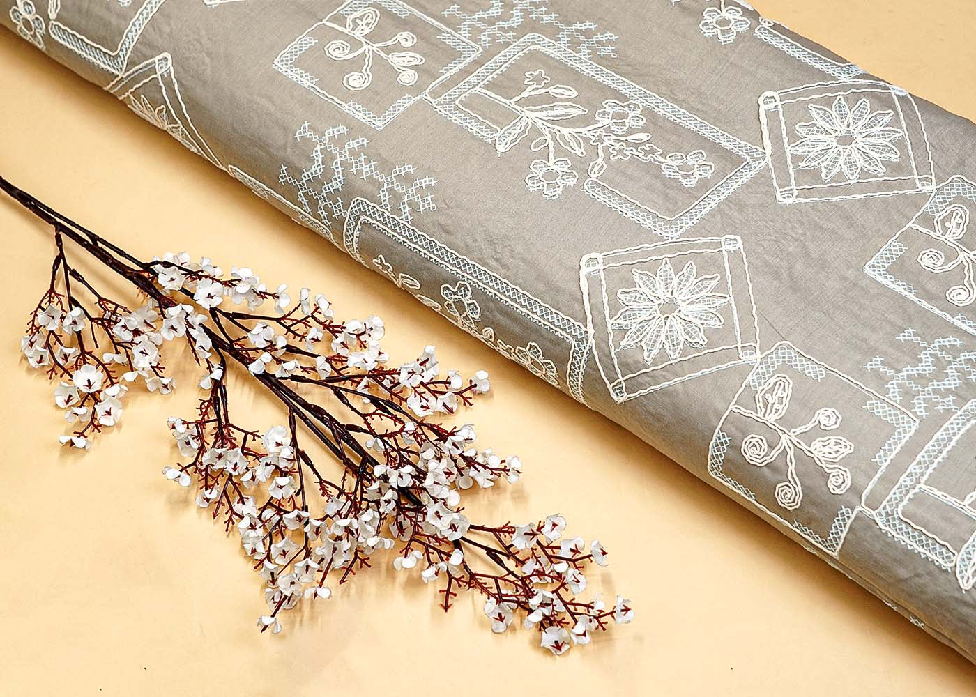 Salati Brown Cotton Fabric with Allover Thread Work 12938