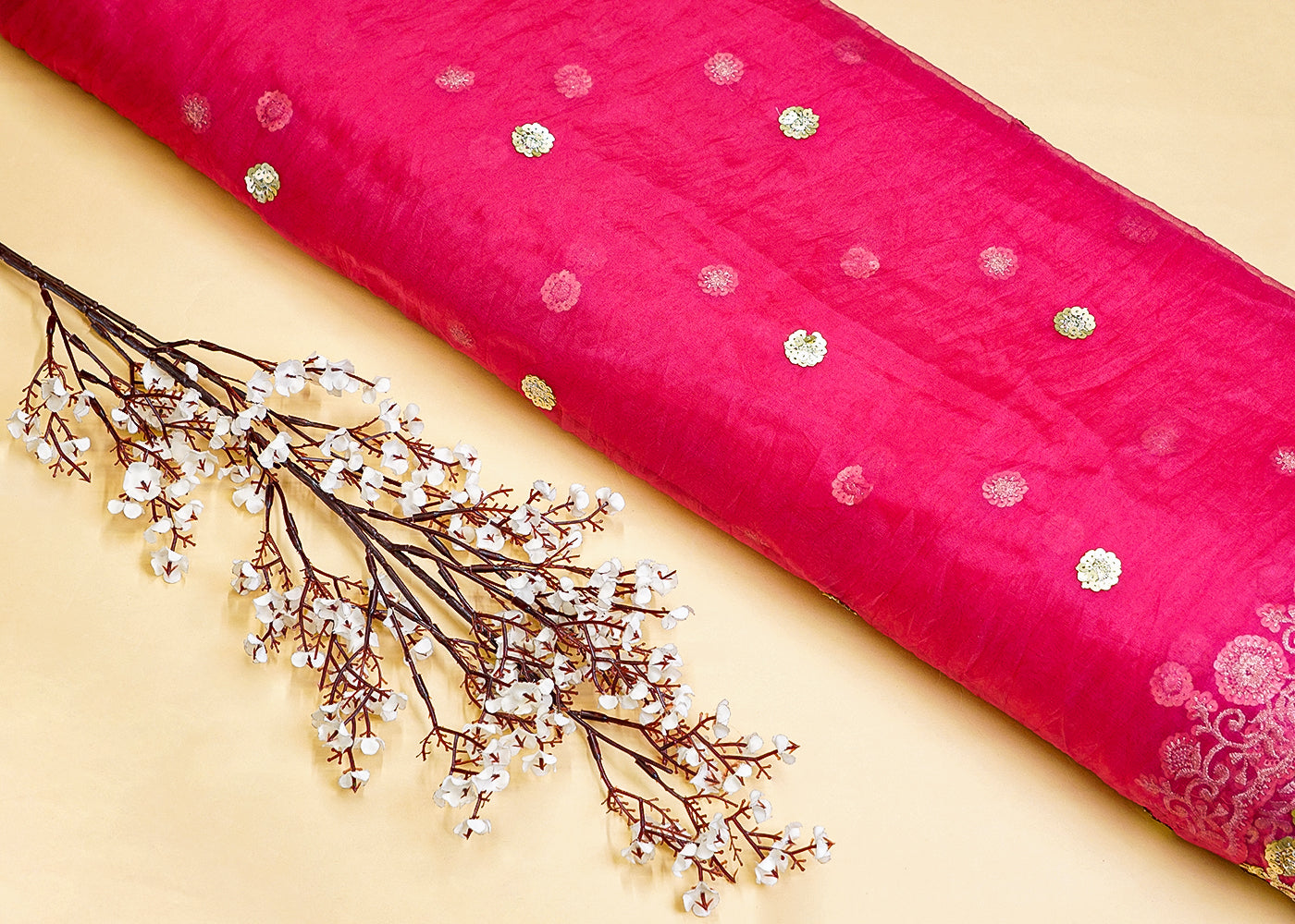 Pink Organza Dupatta Fabric with Allover Floral Sequins Buti and Border Work 12977