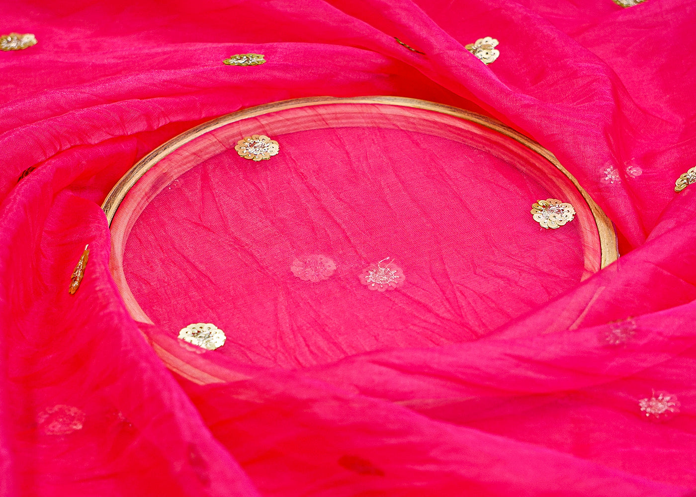 Pink Organza Dupatta Fabric with Allover Floral Sequins Buti and Border Work 12977