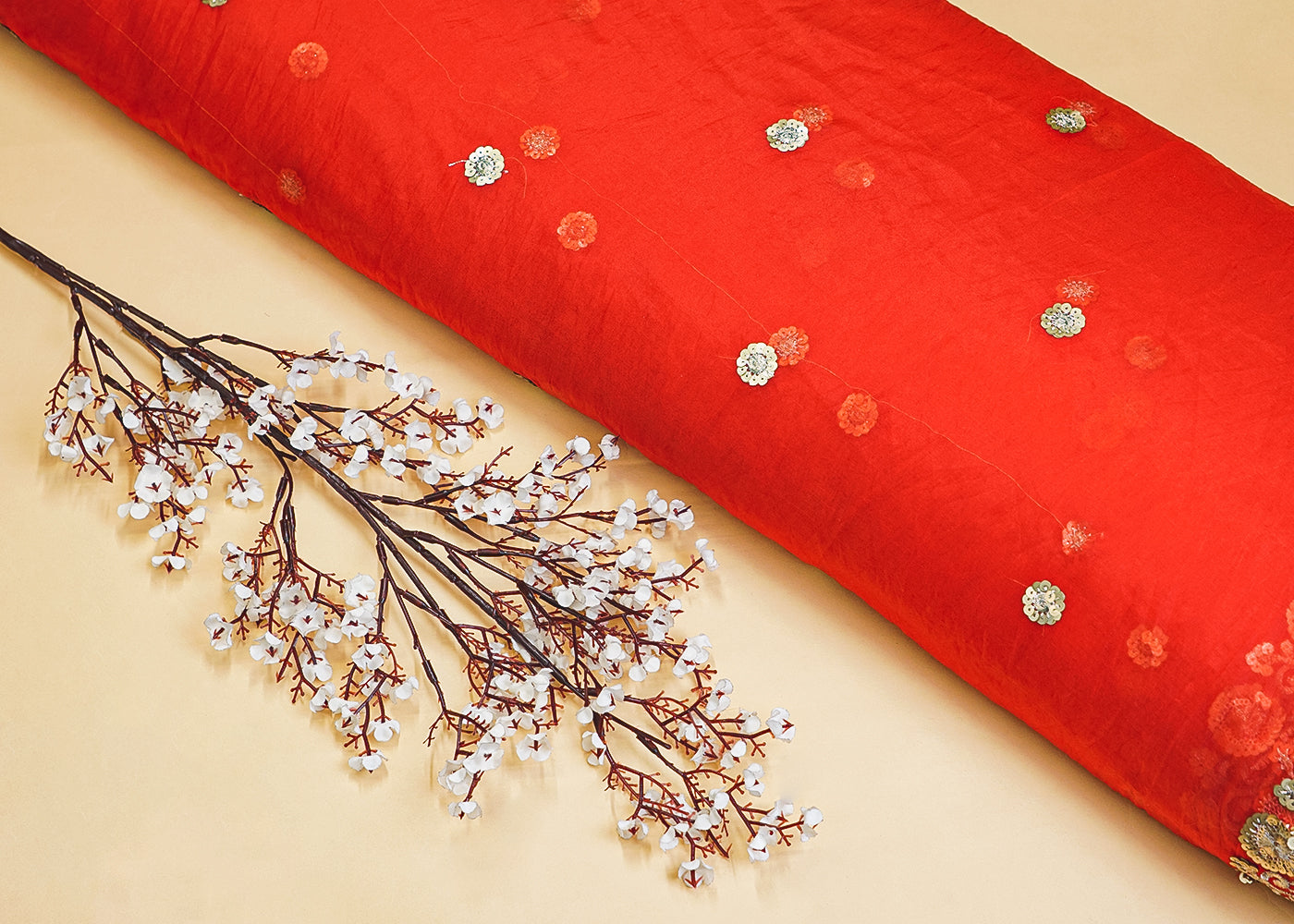 Red Organza Dupatta Fabric with Allover Floral Sequins Buti and Border Work 12978