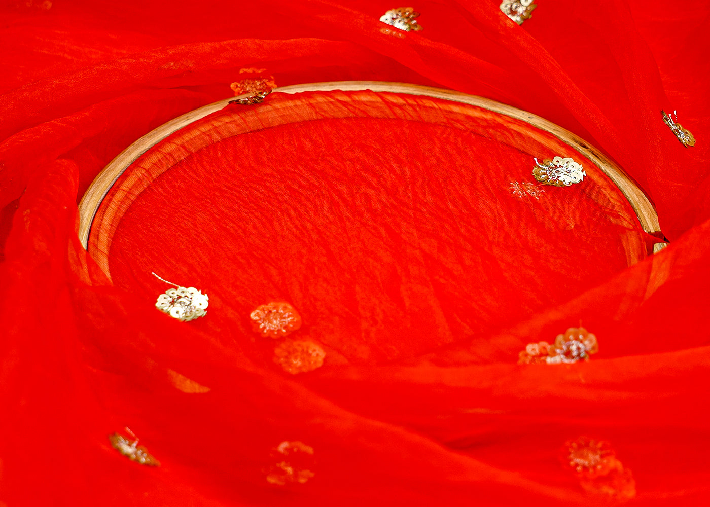 Red Organza Dupatta Fabric with Allover Floral Sequins Buti and Border Work 12978