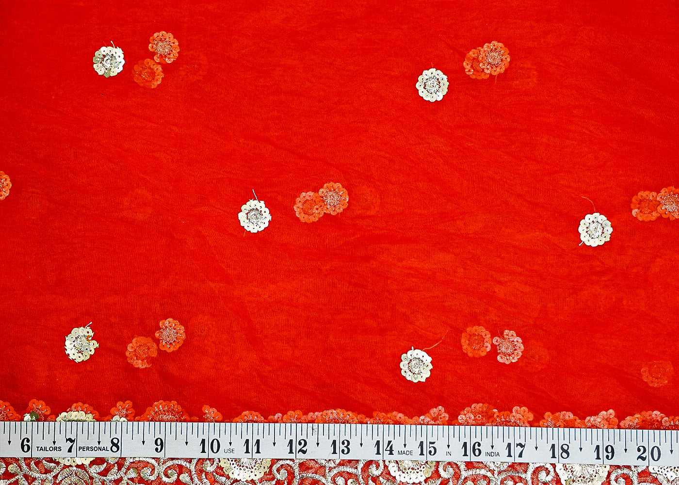 Red Organza Dupatta Fabric with Allover Floral Sequins Buti and Border Work 12978