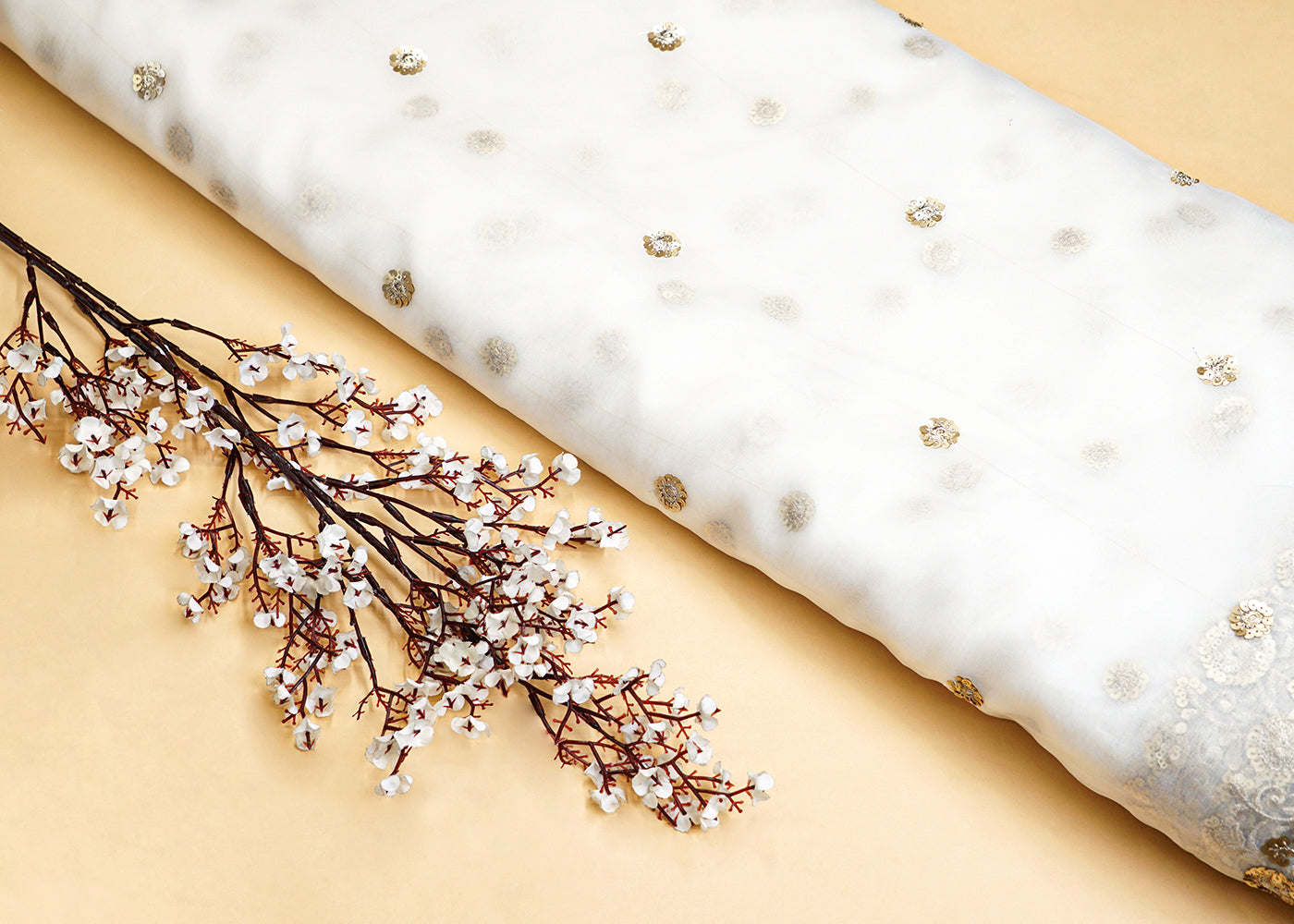 White Organza Dupatta Fabric with Allover Floral Sequins Buti and Border Work 12979