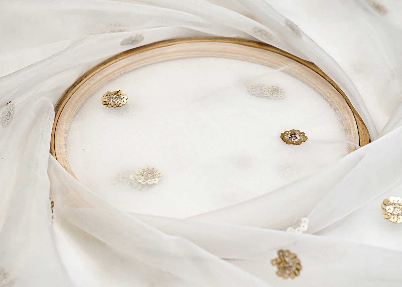 White Organza Dupatta Fabric with Allover Floral Sequins Buti and Border Work 12979