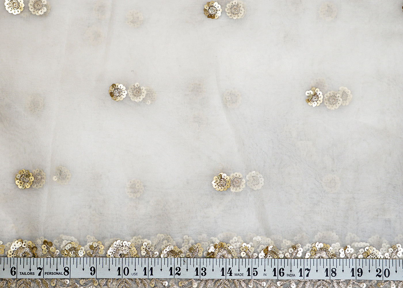 White Organza Dupatta Fabric with Allover Floral Sequins Buti and Border Work 12979