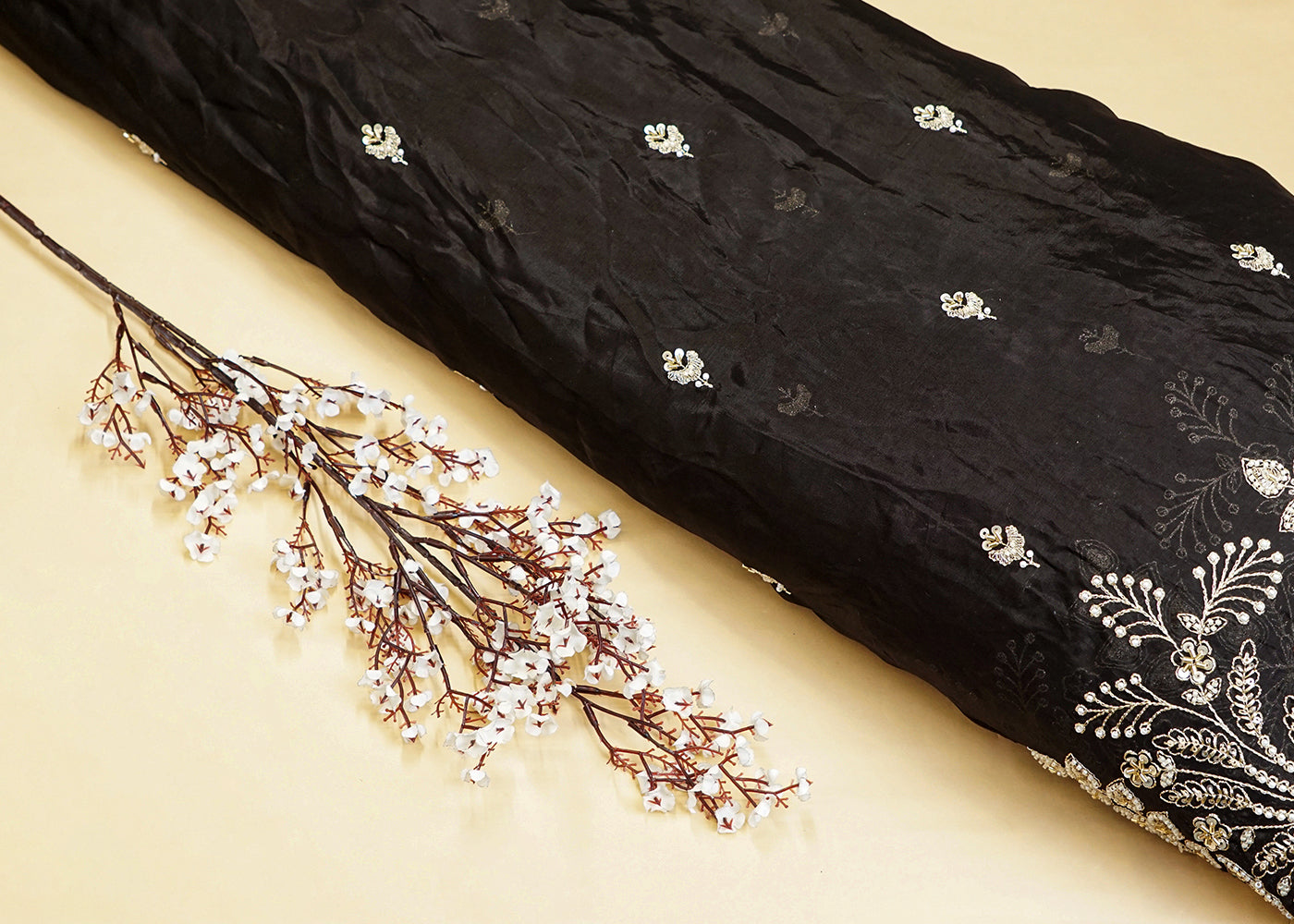 Black Organza Fabric with Allover Thread and Sequins Buti & Heavy Border 12982