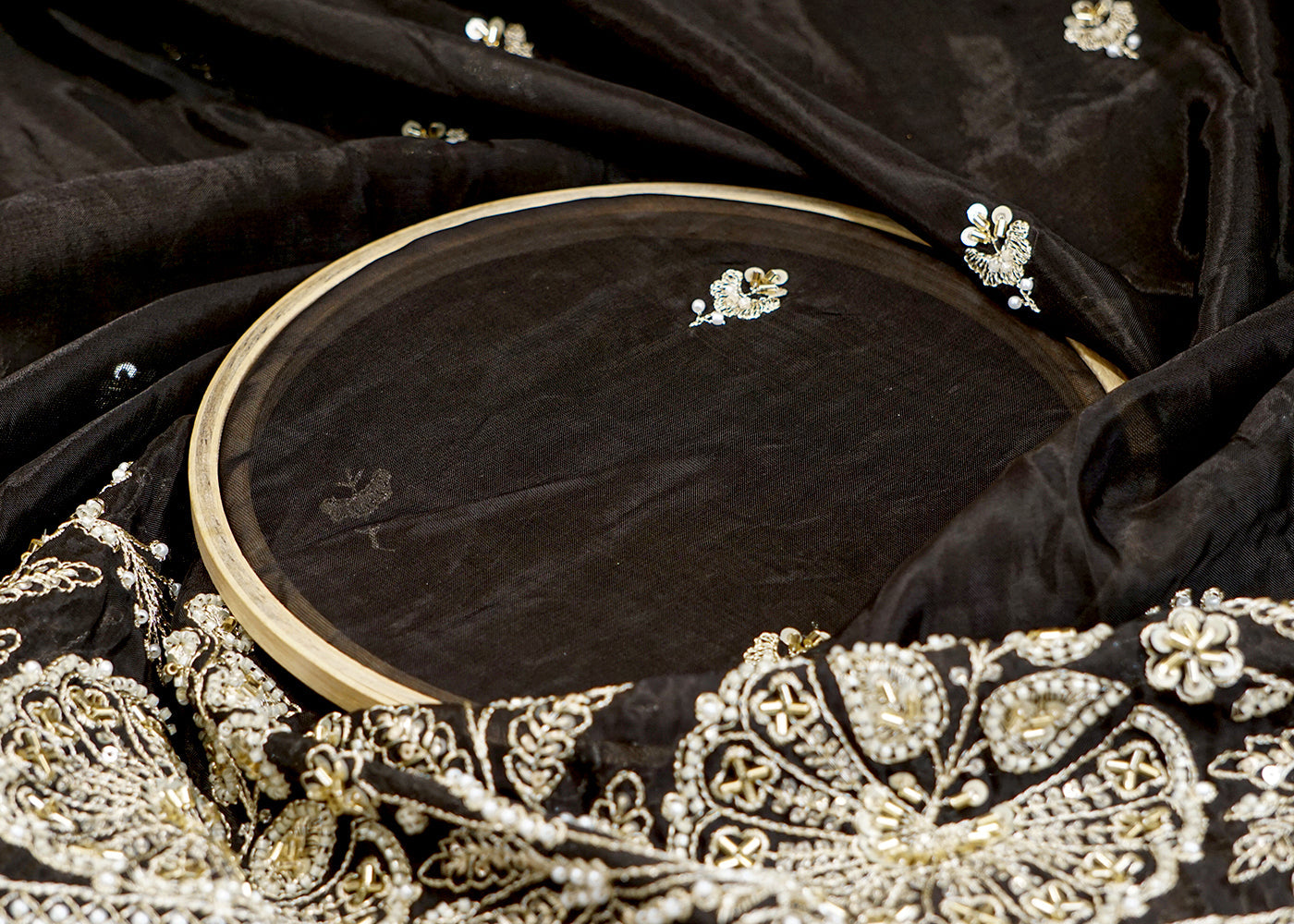 Black Organza Fabric with Allover Thread and Sequins Buti & Heavy Border 12982