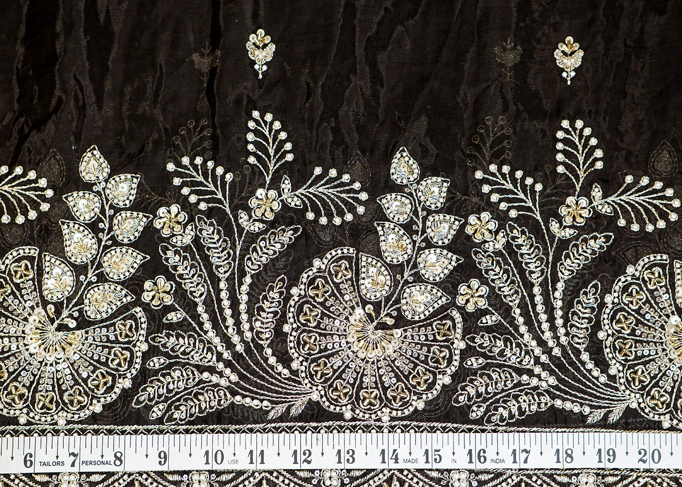 Black Organza Fabric with Allover Thread and Sequins Buti & Heavy Border 12982