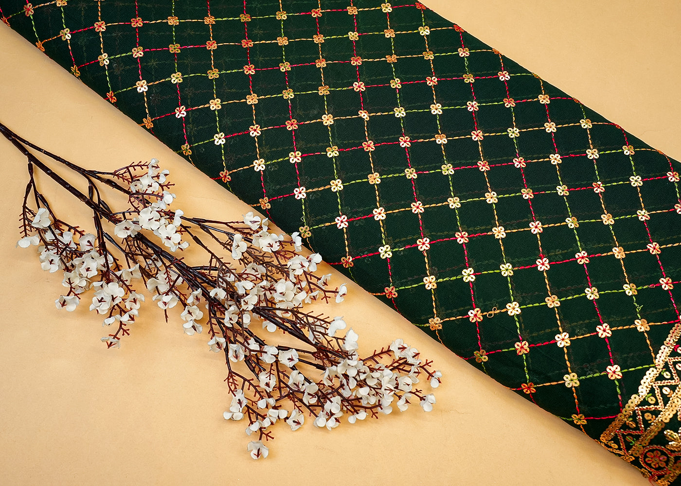 Bottle Green Georgette Fabric with Allover Thread & Sequin Work