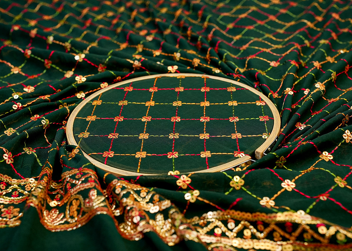 Bottle Green Georgette Fabric with Allover Thread & Sequin Work