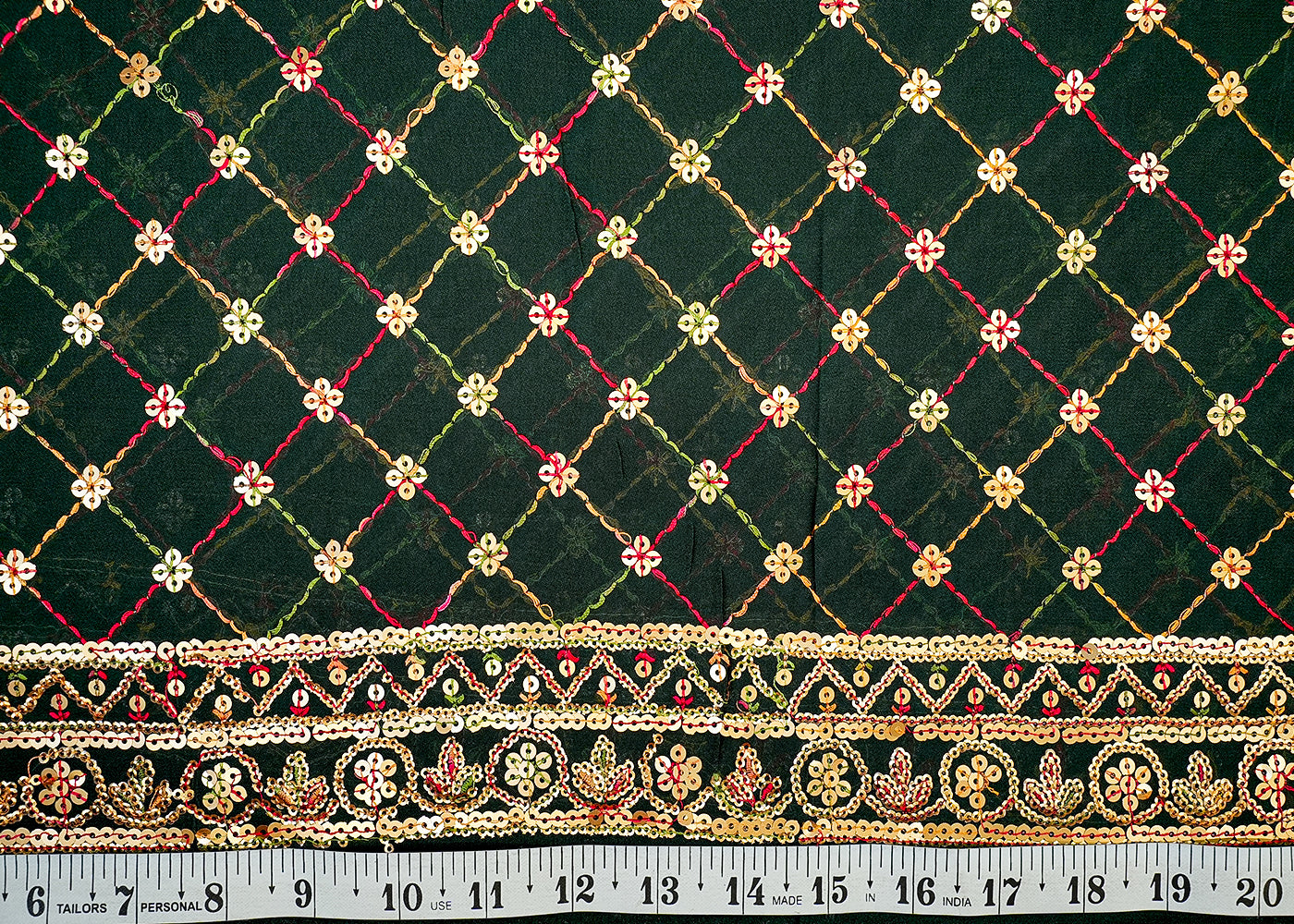 Bottle Green Georgette Fabric with Allover Thread & Sequin Work