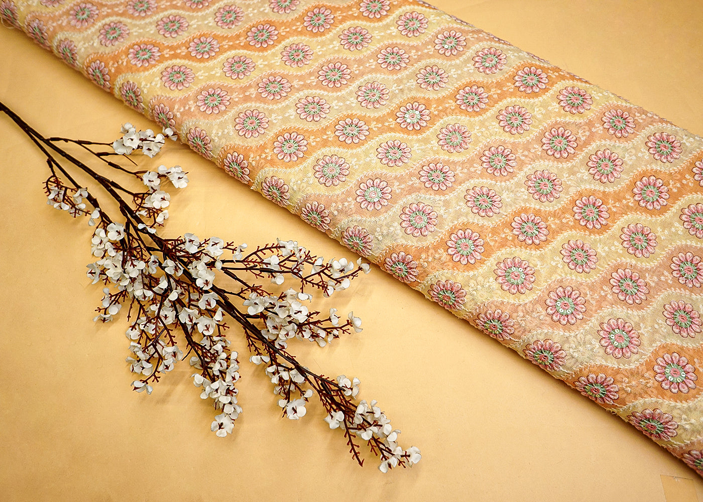 Yellow Georgette Fabric with Allover Thread & Sequin Work