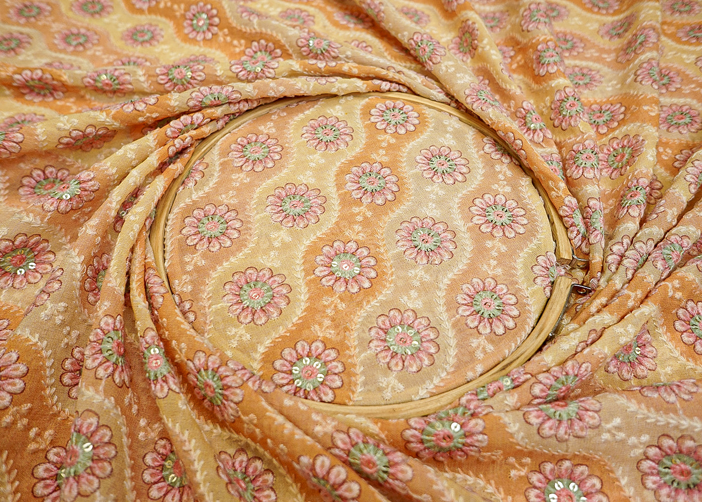 Yellow Georgette Fabric with Allover Thread & Sequin Work